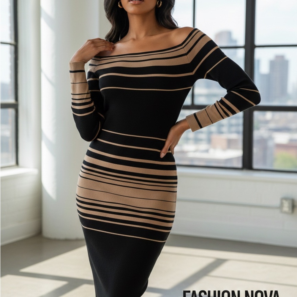 Fashion Nova Black and Tan Long Sleeve Dress sweater Dress